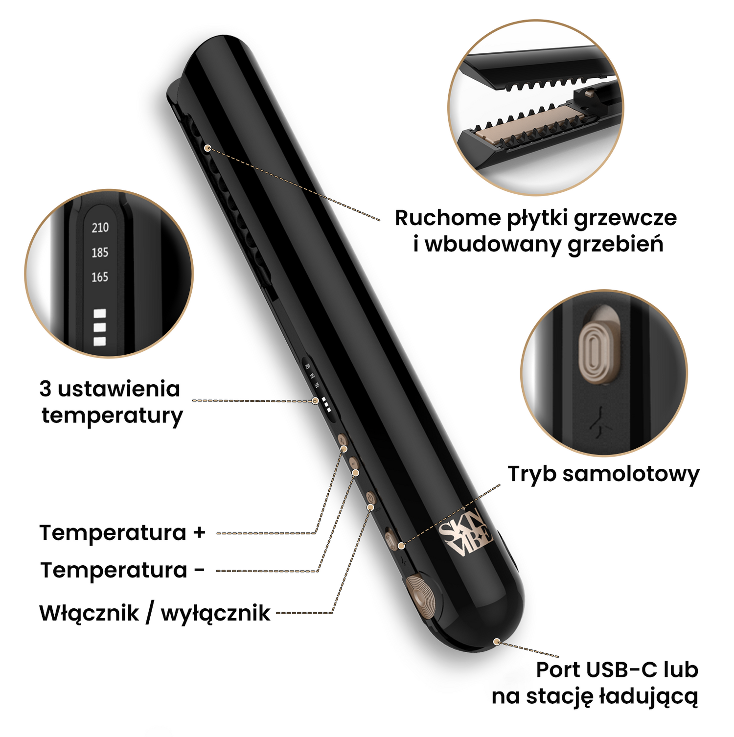 Bezprzewodowa prostownica do włosów SkinVibe Luna MiniWireless czarna dane techniczne specyfikacja